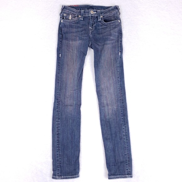 True Religion Girls Skinny Jeans Sz 12 Blue Flap Pockets Stretch Designer Denim - Picture 1 of 12